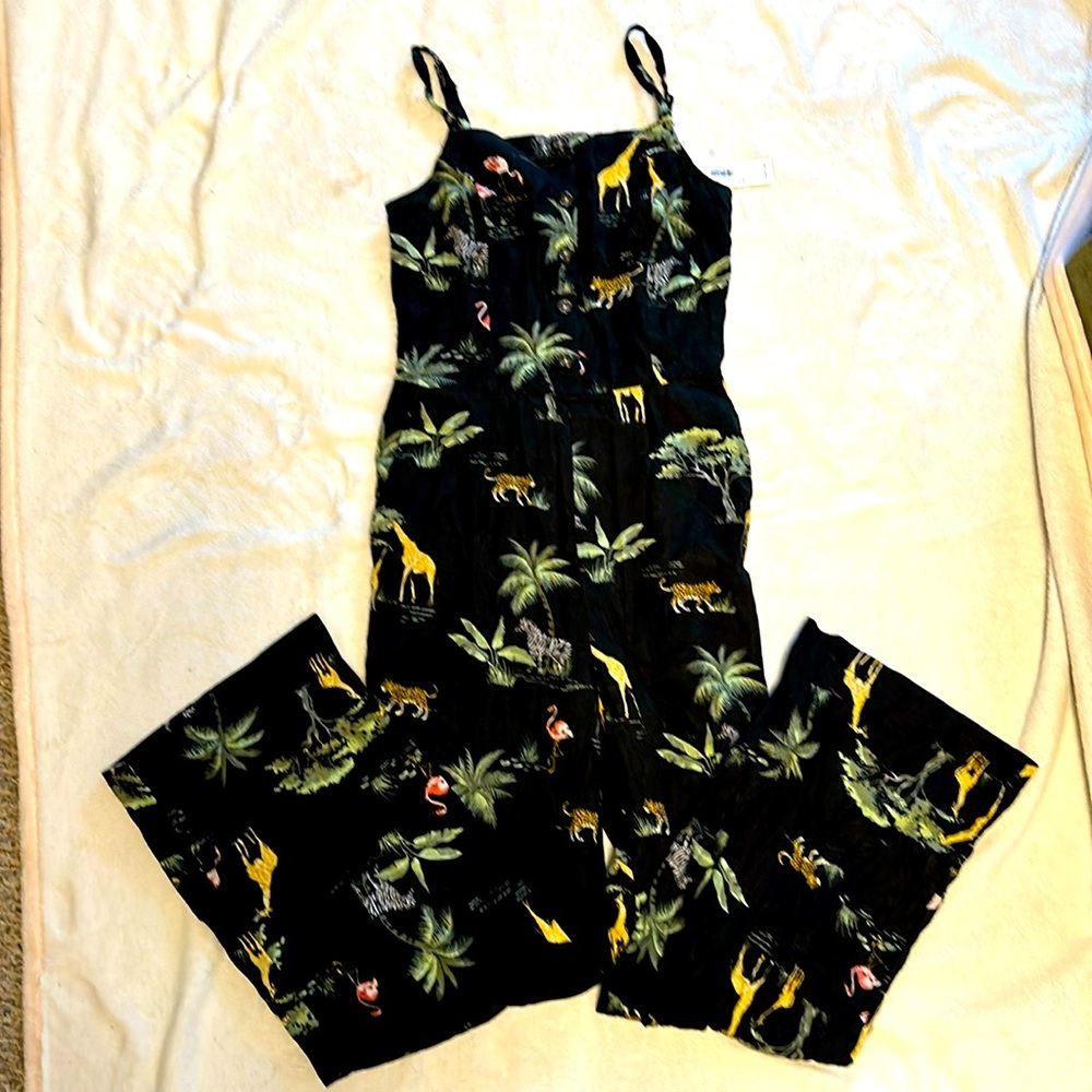 NWT SMALL TALL BLACK LINEN SAFARI ANIMALS ROMPER ADJ STRAPS PALM TREES NEW